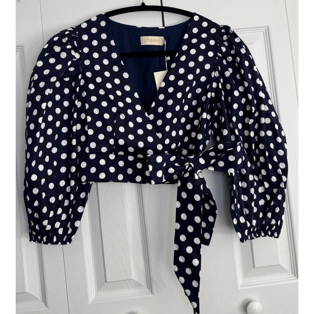 NWT Choosy Polka Dot Wrap Top Women's Small Navy Blue White Long Sleeve Cropped